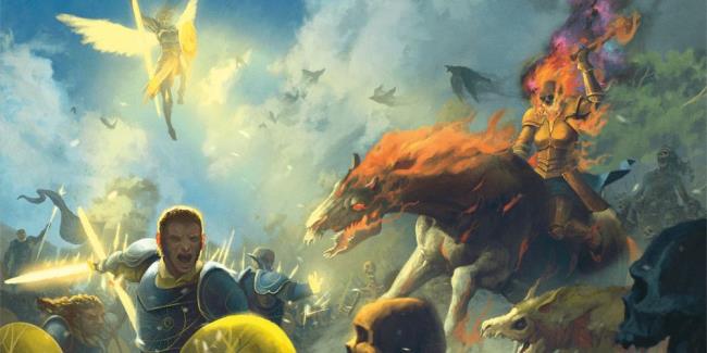 Holy knights battle against flaming skeleton and other undead