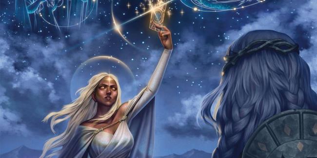 woman wizard creates cards out of stars