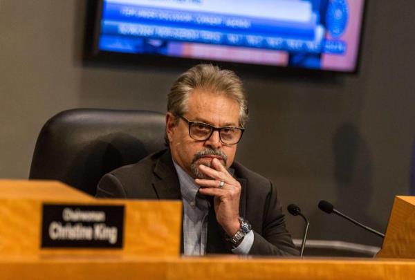 City of Miami Commissio<em></em>ner Miguel Angel Gabela listens during a City Commission meeting to vote to repeal a city law allowing super-sized digital billboards at the Perez Art Museum Miami and the Arsht performance center, at City Hall, on Thursday February 08, 2024.