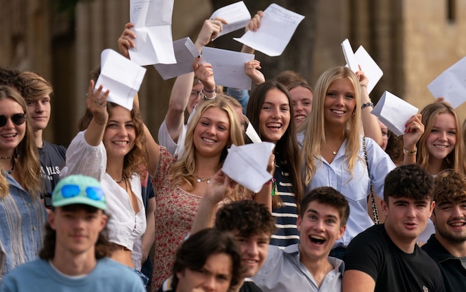 Pupils celebrate with their A-level results at Norwich School, Norwich, in August 2022. Rishi Sunak has announced his plan to scrap A-levels and T-levels and replace them with a new qualification