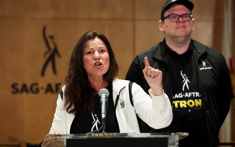Fran Drescher, president of the Sag-Aftra unio<em></em>n, at a press co<em></em>nference in Los Angeles on Thursday