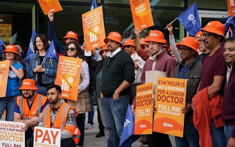 Members of the British Medical Association on the picket line outside Queen Elizabeth Hospital, Birmingham, on the first day of a three-day walkout