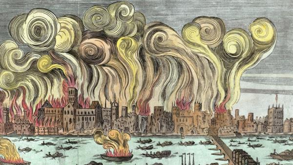 This woodcut, later colorized, shows the Great Fire of Lo<em></em>ndon in 1666 by English School. 