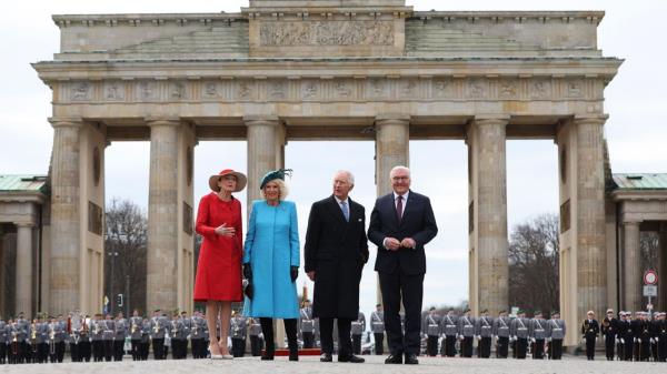 German President Frank-Walter Steinmeier, his wife Elke Budenbender, alo<em></em>ngside Charles and Camilla at a welcome ceremony in front of Brandenburg Gate in Berlin, Germany, on March 29, 2023. 