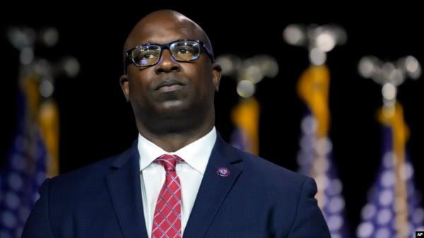 FILE - Democratic Rep. Jamaal Bowman listens to fellow speakers at an event at SUNY Westchester Community College, in Valhalla, New York, May 10, 2023. 