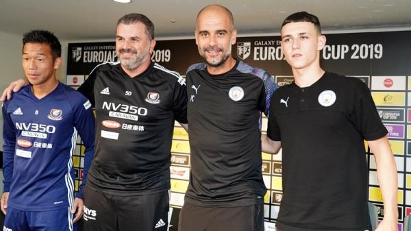 Ange Postecoglou - pictured</p>

<p>　　as manager of Yokohama F.Marinos in 2019 - ahead of pre-season friendly against Man City in 2019, the o<em></em>nly occasion the two managers have crossed paths. Also pictured are Takuya Kida and City's Phil Foden