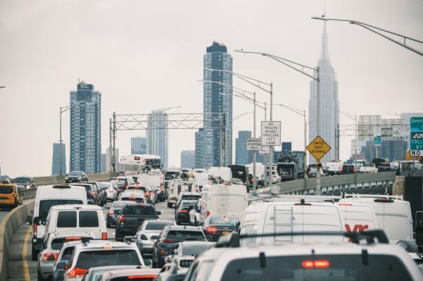 Morning commuter traffic lines up on the Long Island Expressway towards the entrance to the Queens Midtown Tunnel into Manhattan.
