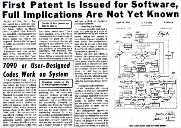 computerworld 1968 article on first software patent