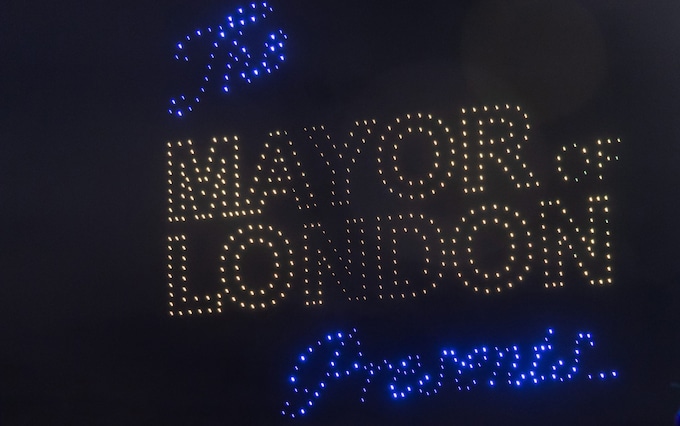 A drone display is part of the firework display lighting up the Lo<em></em>ndon sky over the Lo<em></em>ndon Eye on the River Thames to celebrate the new year in United Kingdom on January 1, 202