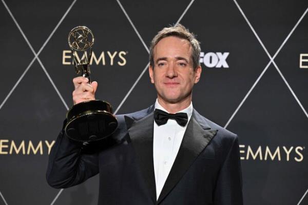 Outstanding Supporting Actor in a Drama Series Matthew Macfadyen, Succession, poses in the press room during the 75th Emmy Awards at the Peacock Theatre at LA Live in Los Angeles on January 15, 2024.