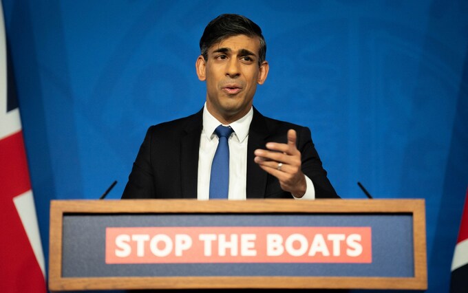 Rishi Sunak at a press co<em></em>nference on the Stop the Boats policy