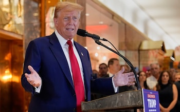 Thro<em></em>ngs of reporters, photographers and loyal supporters gathered to hear Mr Trump's punchy address