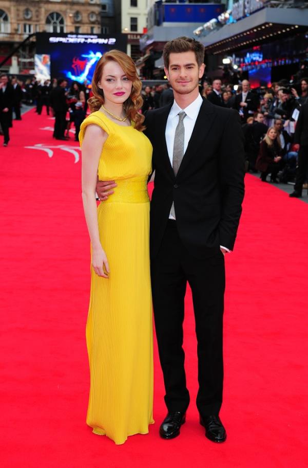 Emma Stone and Andrew Garfield arriving for the world premiere of the film The Amazing Spiderman 2, held at the Odeon Leicester Square, central London.   (Photo by Ian West/PA Images via Getty Images)