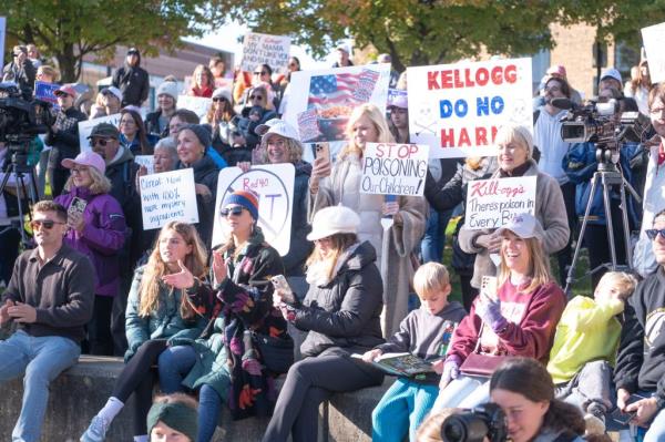 Protesters gather to demand the removal of artificial food dyes and preservatives in Kellogg's breakfast cereals in Battle Creek, Michigan on Oct. 15, 2024. 