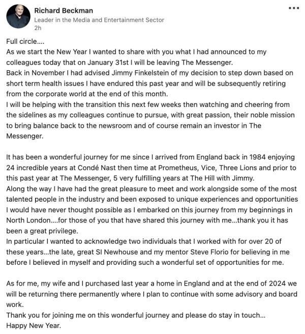 Beckman posted his departure memo on l<em></em>inkedin.