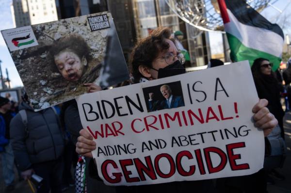 Pro-Palestine protestors protest President Bidenas visit at Columbus Circle Manhattan, New York, 07 February 2024.