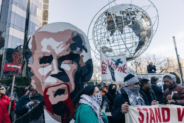 Protesters gather near Columbus Circle while President Biden is visiting for his fundraising in Manhattan on Feb. 7, 2024. 