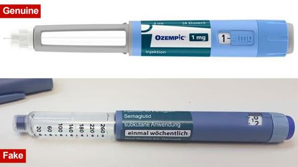 Authentic Ozempic Pen, top, and Fake Ozempic Pen, bottom