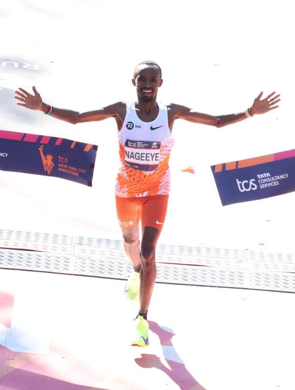 Abdi Nageeye of the Netherlands crosses the finish line to win the men's division during the New York Marathon in New York City on November 3, 2024. 