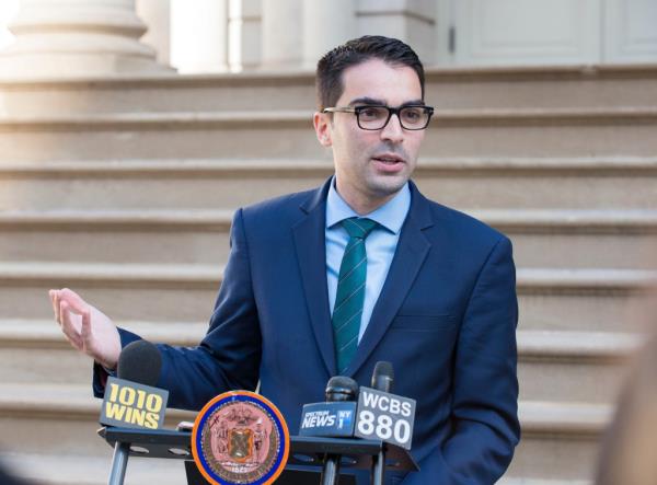 NYC Councilman Eric Ulrich speaking at a press co<em></em>nference on City Hall steps, introducing legislation related to Christopher Columbus statue