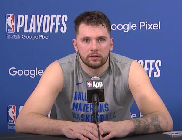 Mavericks point guard Luka Do<em></em>ncic froze when his press co<em></em>nference was briefly paused due to what sounded like moaning noises after Game 2 of the Mavericks-OKC Thunder second-round playoff series on May 9, 2024. 