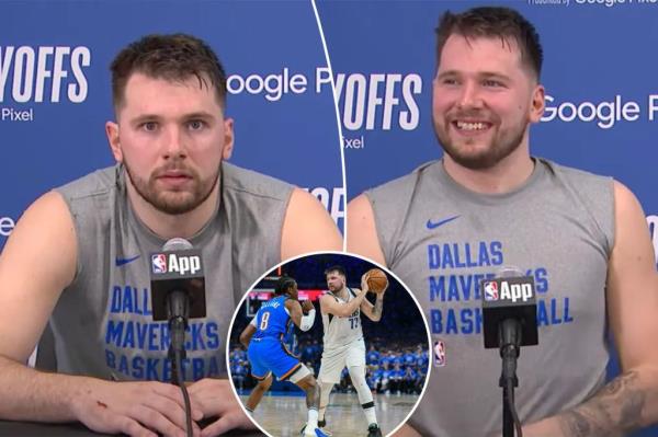 Mavericks point guard Luka Do<em></em>ncic froze when his press co<em></em>nference was briefly paused due to what sounded like moaning noises after Game 2 of the Mavericks-OKC Thunder second-round playoff series on May 9, 2024.