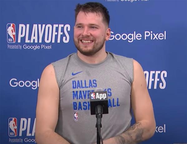 Mavericks point guard Luka Do<em></em>ncic laughed when his press co<em></em>nference was briefly paused due to what sounded like moaning noises after Game 2 of the Mavericks-OKC Thunder second-round playoff series on May 9, 2024.