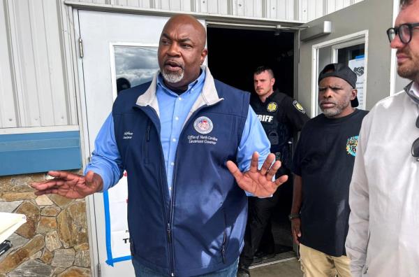Robinson speaks outside the Ag Center Shelter near the Asheville Regio<em></em>nal Airport on Sept. 29, 2024.