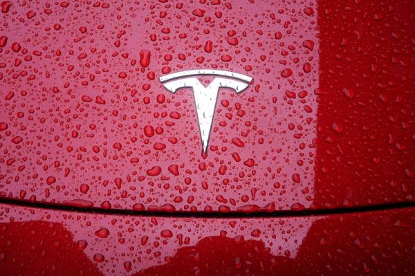 Tesla logo on a car in the rain.