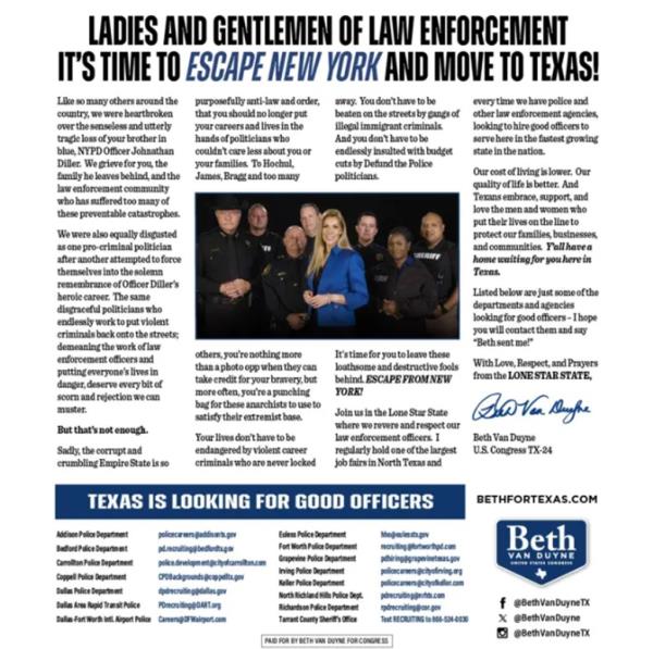 Rep. Beth Van Duyne's add in The Post is shown here, wher<em></em>e she urges NYPD to come and work for her state. 