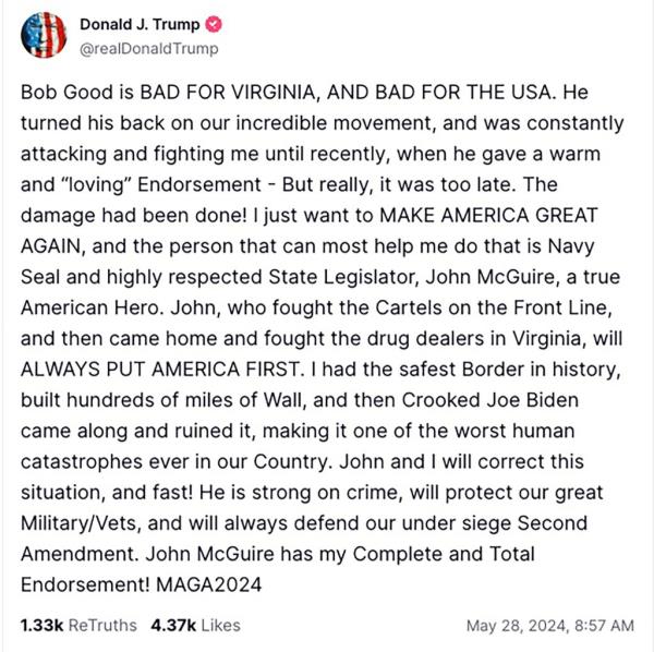 Trump made his endorsement announcement on Truth Social.
