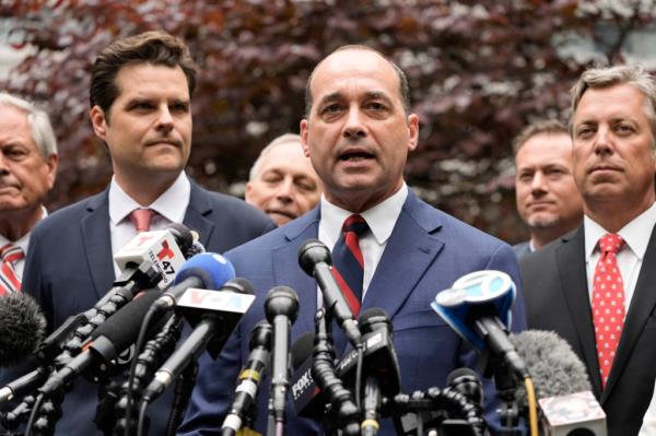 The chairman of the House Freedom Caucus, Rep. Bob Good, R-Va., speaks during a news co<em></em>nference at near Manhattan criminal court Thursday, May 16, 2024.