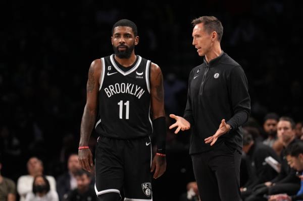 Kyrie Irving #11 talks to Head Coach Steve Nash of the Brooklyn Nets during the game against the Dallas Mavericks on October 27, 2022 at Barclays Center in Brooklyn, New York. 