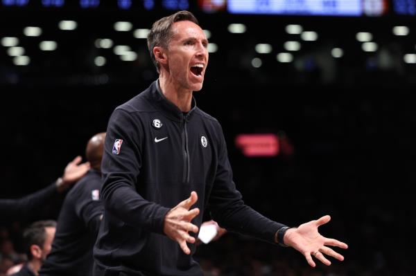 Head coach Steve Nash of the Brooklyn Nets reacts to a call on the sideline during the second quarter of the game against the Indiana Pacers at Barclays Center on October 31, 2022 in New York City.