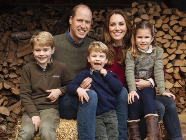 Prince William, Kate, their children Prince George, Princess Charlotte, and Prince Louis posing for their 2020 Christmas card at Anmer Hall, England.