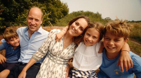 Princess Catherine, Prince William and their children Prince George, Princess Charlotte and Prince Louis smiling together in Norfolk, the Princess havin<em></em>g completed her chemotherapy.