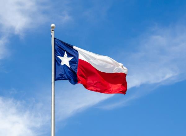 Texas State flag on the pole waving.