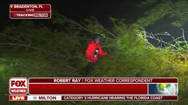 Fox Weather correspo<em></em>ndent Robert Ray stands in between a tree that had fallen on his car after a segment on Hurricane Milton on Oct. 9, 2024.