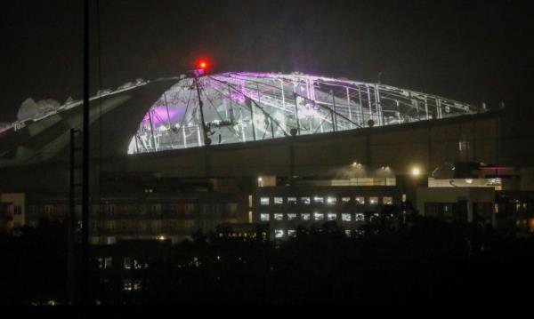 Part of Tropicana Field's roof was torn off by Hurricane Milton, exposing the interior on Oct. 9, 2024.