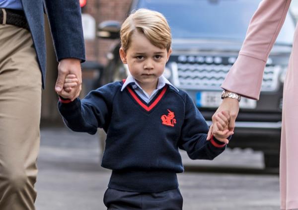 Prince George of Cambridge arrives for his first day of school at Thomas's Battersea on September 7, 2017 in London, England.
