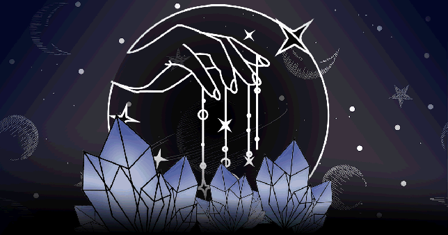 Daily horoscope today September 27, 2023 Gif shows celestial hand holding stars over crystals