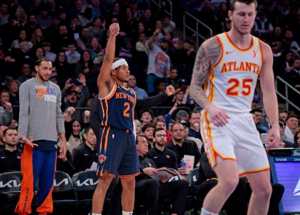 Miles McBride #2 of the New York Knicks hits a three point shot during the first quarter.
