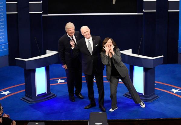 Alec Baldwin as Do<em></em>nald Trump, from left, Jim Carrey as Joe Biden and and Maya Rudolph as Kamala Harris.