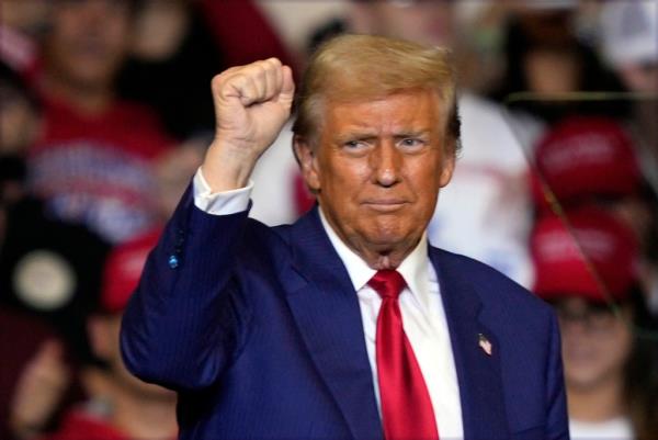 Former President Do<em></em>nald Trump, the Republican presidential nominee, gesturing at a campaign rally at the Bryce Jordan Center in State College, Pa., 2024