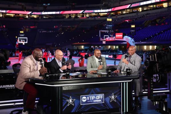 From right: Charles Barkley, Kenny Smith, Ernie Johnson and Shaq on the TNT set at the 2024 NBA All-Star Game.
