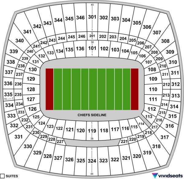 A map of GEHA Field at Arrowhead Stadium in Kansas City, MO.