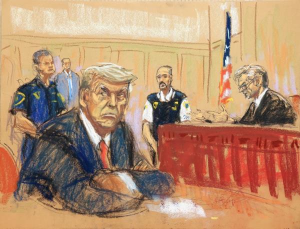 A court room sketch of Trump. 