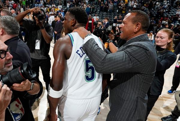 Anthony Edwards and Alex Rodriguez celebrate the Timberwolves' Game 7 win in May 2024.