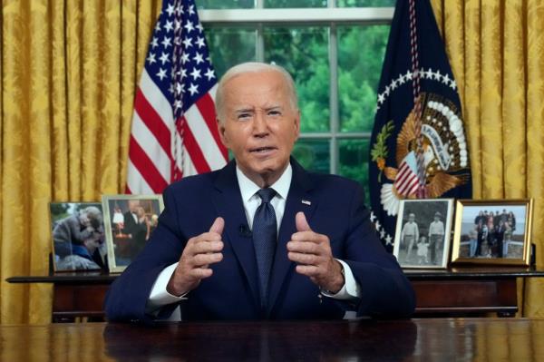 President Joe Biden addresses the nation from the Oval Office of the White House in Washington, Sunday, July 14, 2024.