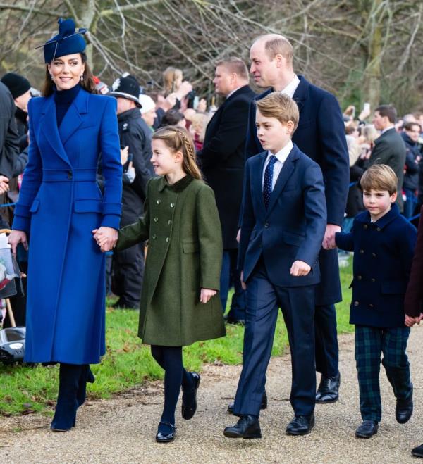 Catherine, Princess of Wales, Princess Charlotte of Wales, Prince George of Wales, Prince William, Prince of Wales, Prince Louis of Wales attend the Christmas Morning Service.